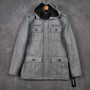 Guess Military Coat Men Medium Gray Wool Blend Removable Hood Utility Jacket NEW
